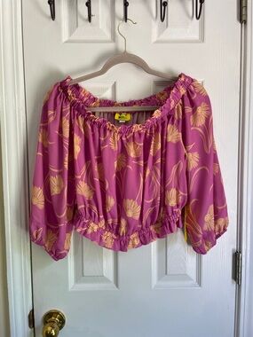 Unique Vintage X Smiley Pink Rave Twee Y2K Off-Shoulder Floral Crop Blouse
